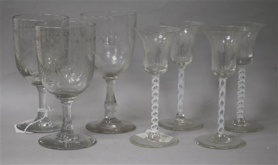 Four cotton-twist stem glasses with bell-shaped bowls and three engraved goblets (7) cotton twist height 15cm
